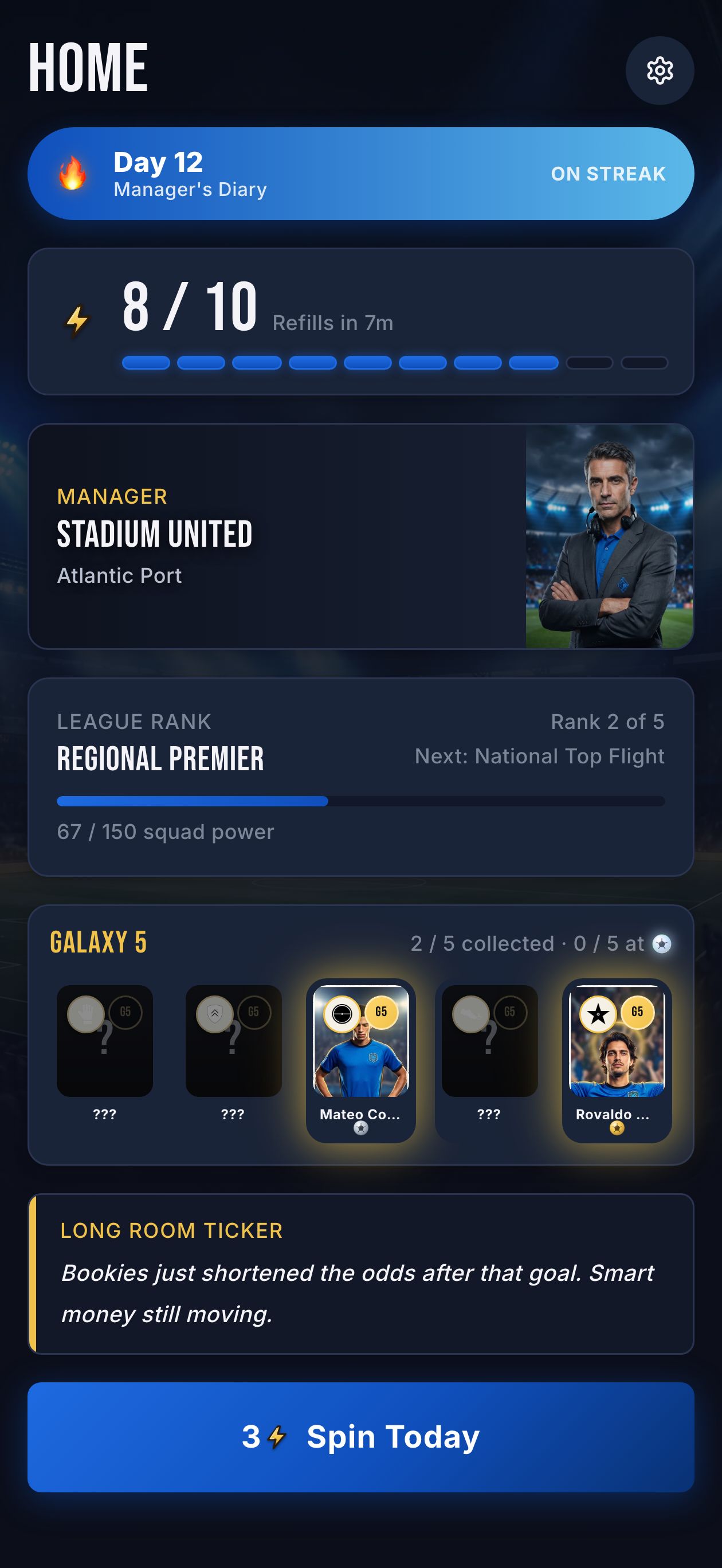 Home tab with energy meter and streak banner