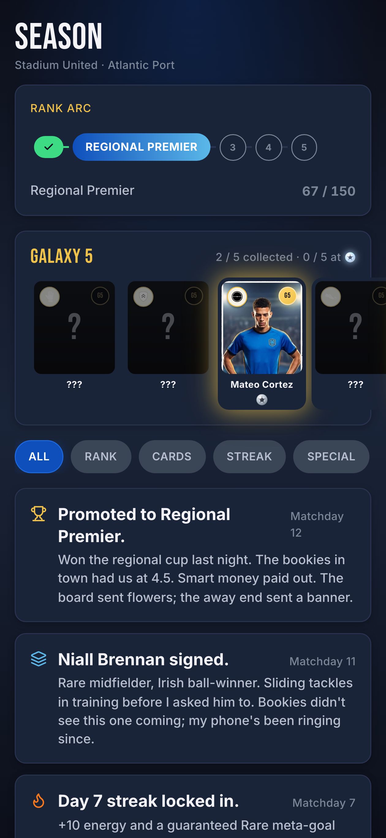 Season tab with manager's diary